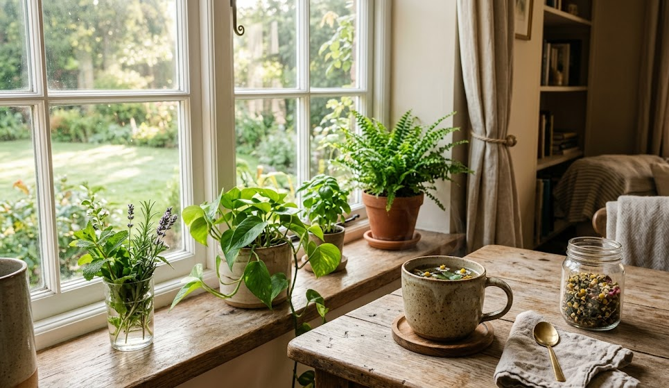 peaceful morning scene with natural herbal tea, fresh green plants, soft daylight streaming through window, calm wellness atmosphere, warm earthy tones