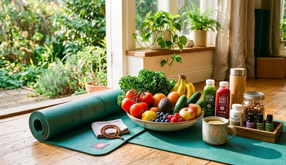 active lifestyle composition with natural wellness products, fresh vegetables and fruits, yoga mat, morning sunlight, energetic and positive mood, vibrant healthy colors